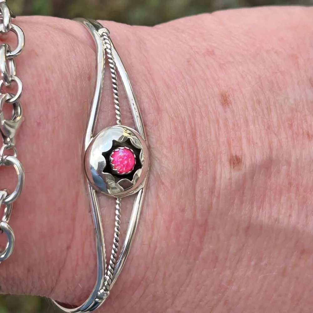 Navajo Hand Made 925 Sterling & Pink Opal Stone Cuff